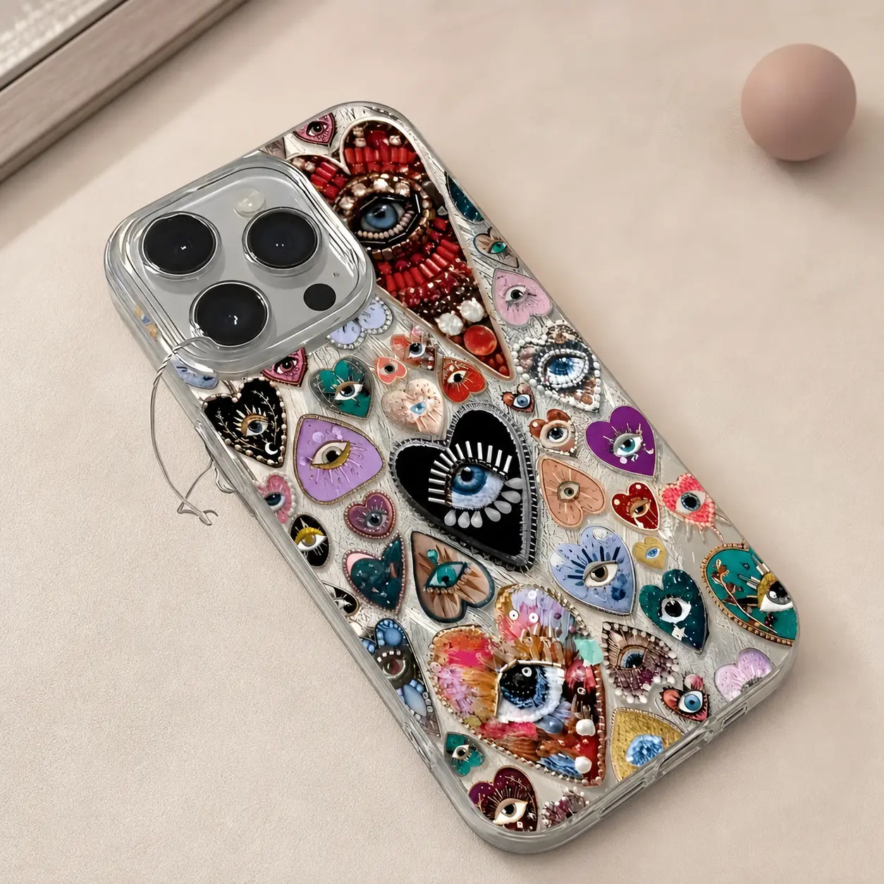 Boho Evil Eye Heart Case for iPhone 17/16/15/14/13/12/11 Pro Max/Pro/Plus/Air Beaded Holographic Shockproof Slim Fit TPU Material Eclectic Art Aesthetic Colorful Cellphone Cover Protection Smartphone Casing, Accessories, Pr,Pum,Hallo,Ultra,HD,Dual,Card,5G