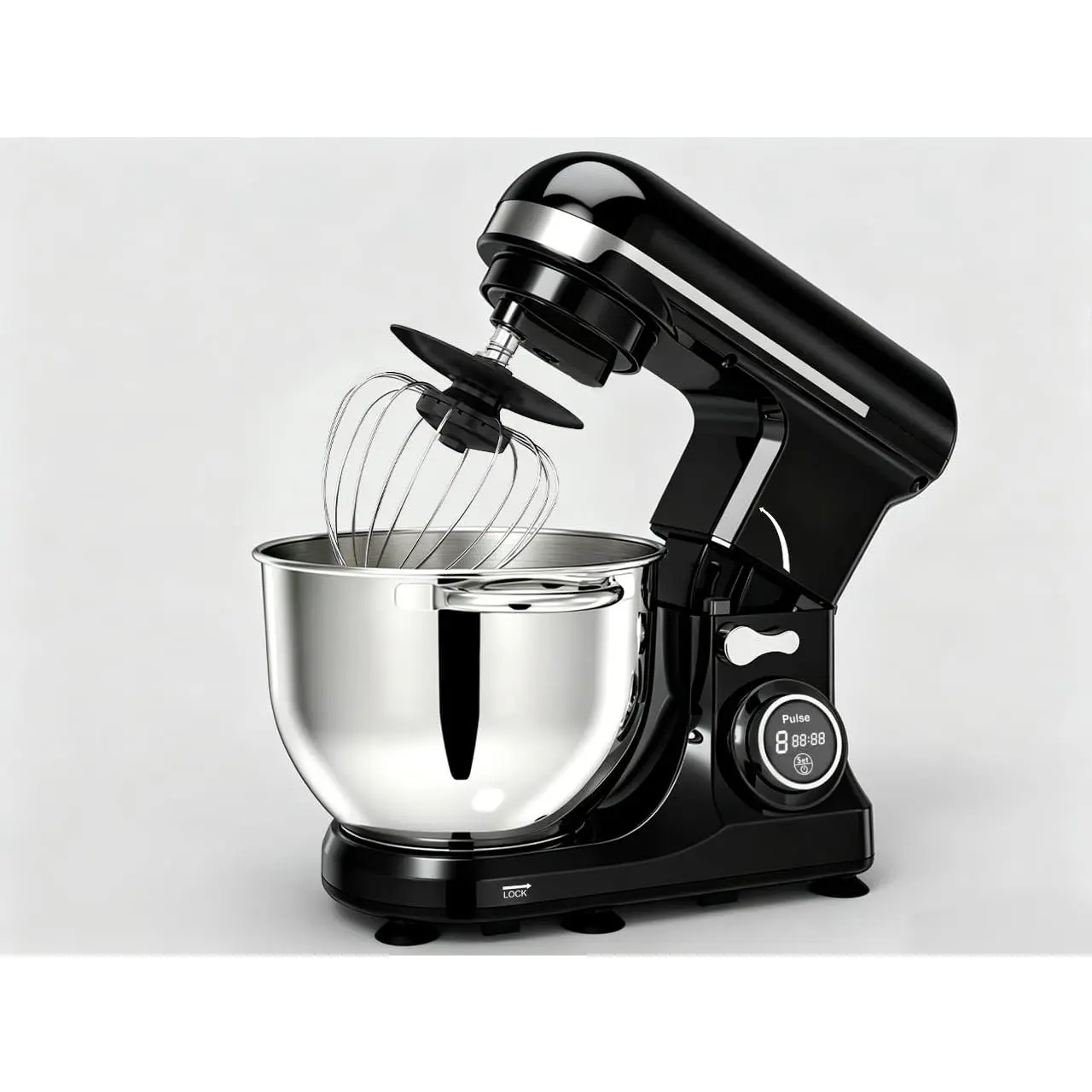 5.3QT Tilt-Head Electric Stand Mixer with 500W Motor, 8-Speed Control, Digital Display and Timer, Includes Stainless Steel Bowl, Dough Hook, Flat Beater & Wire Whisk for Baking Bread, Cake, Cookies, and Pizza