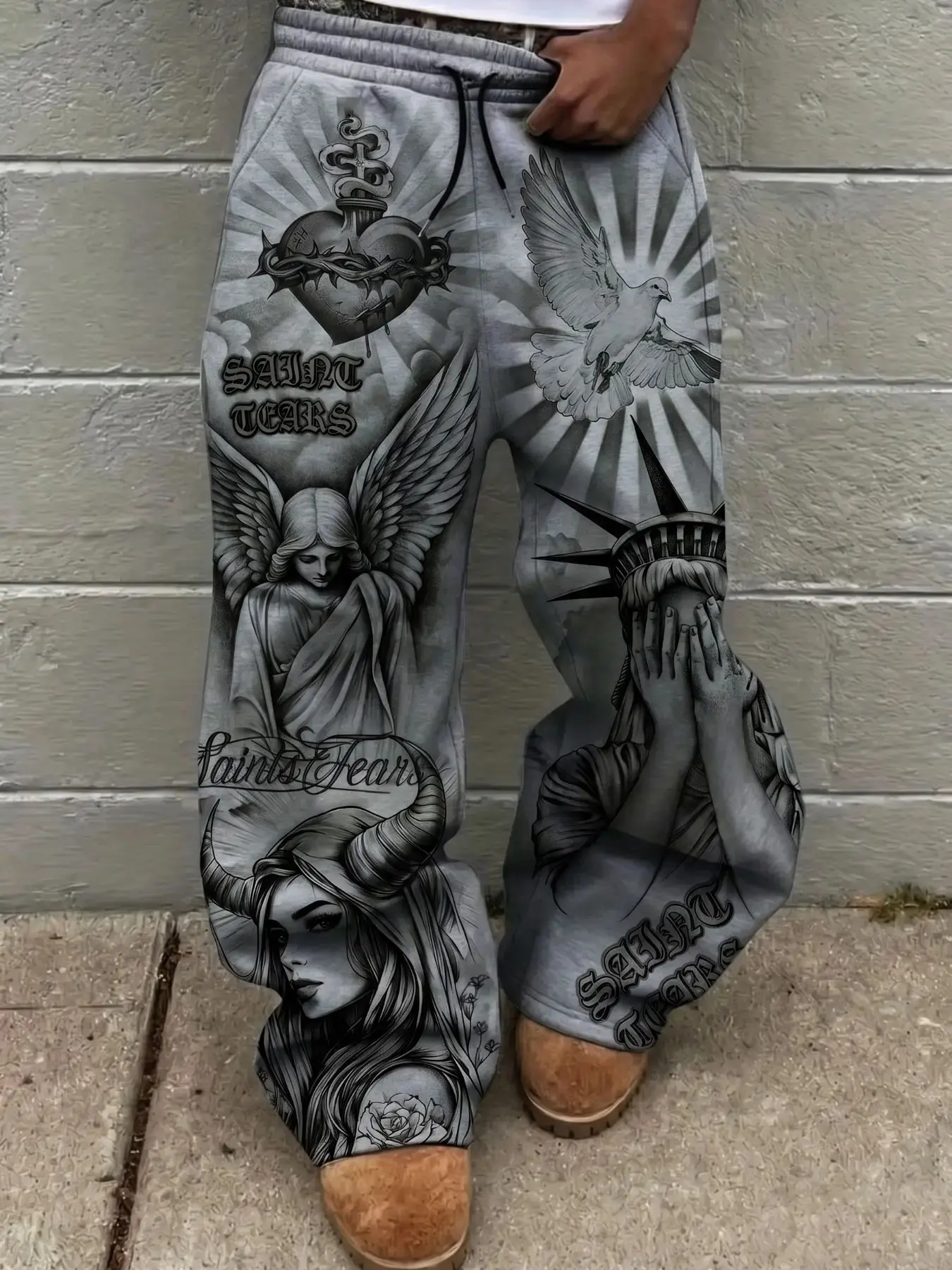 Saint Tears Vintage Tattoo Print Wide Leg Pants, Men Y2K Gothic Angel Dove Graphic, Baggy Streetwear Sweatpants, Casual Loose-Fitting