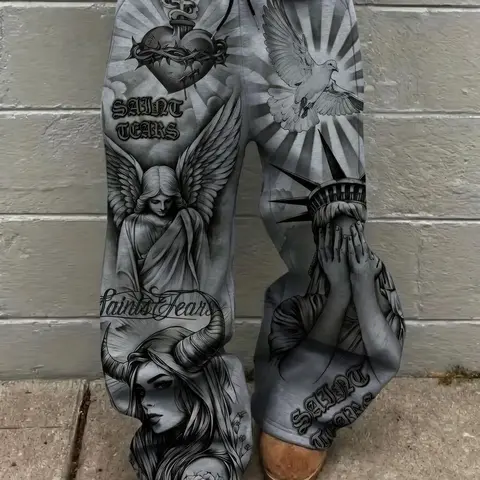 Saint Tears Vintage Tattoo Printed Wide Leg Pants, Men's Y2K Gothic Dark Street Style Angel Dove Graphic Pants, Baggy Oversized Streetwear Sweatpants, Casual Loose-Fitting Pants