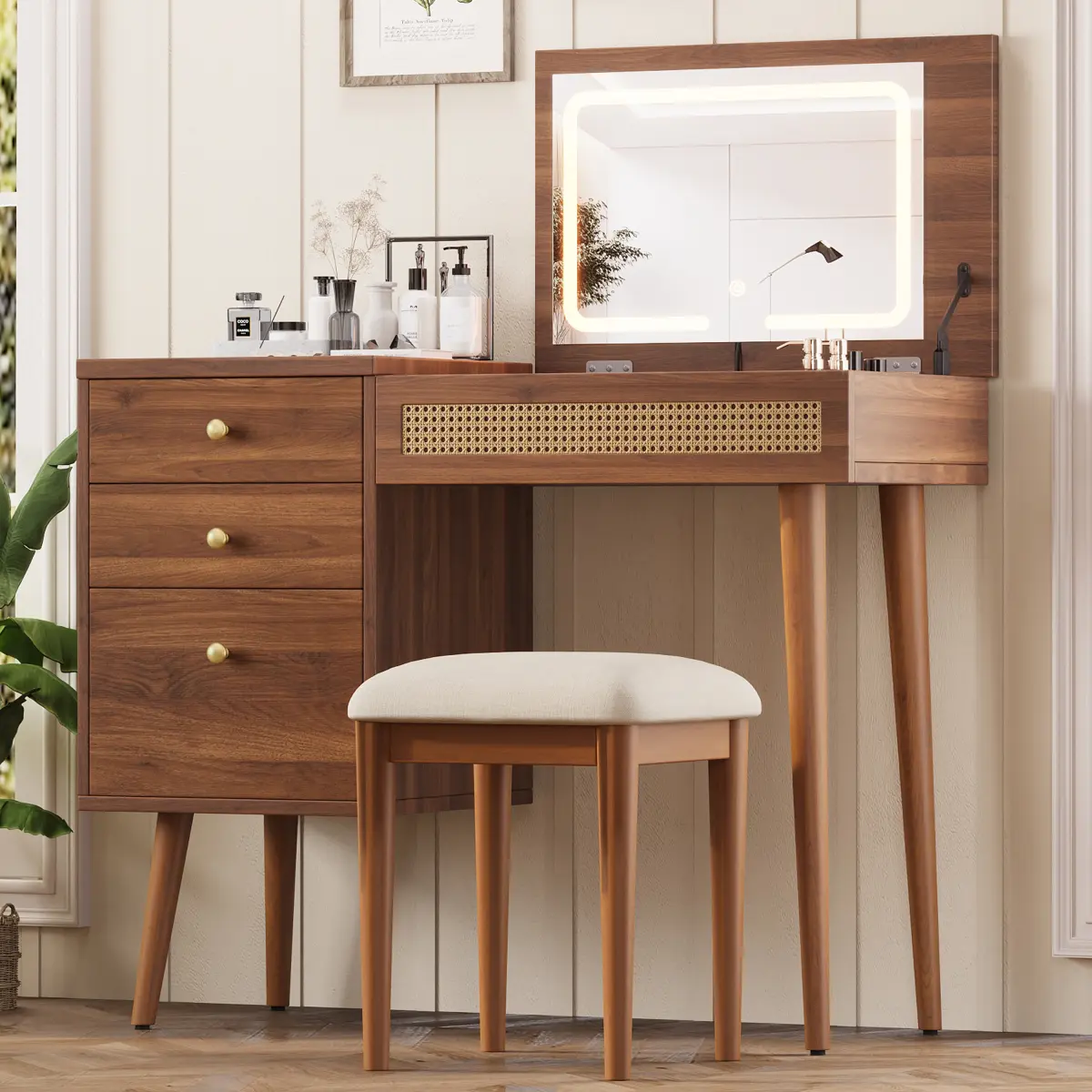 39" Retro Bohemian Style Vanity, Vantiy Desk with Mirror and  LED Lights, Dressing Table with Flip-Top Tabletop, Vanity Desk with Storage 3 Drawers, 10 Compartments, Makeup Vanity Set for Home, Walnut