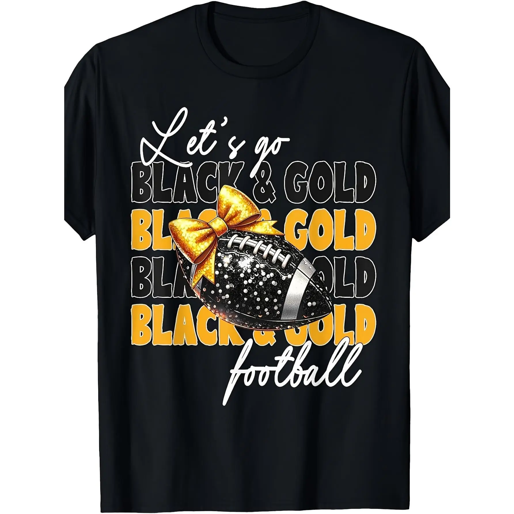 Black & Golden Football T-Shirt - Glitter Football Graphic with Gold Bow, Soft Breathable Cotton Game Day Tee, Unisex Casual Team Spirit Shirt for Tailgates, Football Season, Gifts for Sports Fans