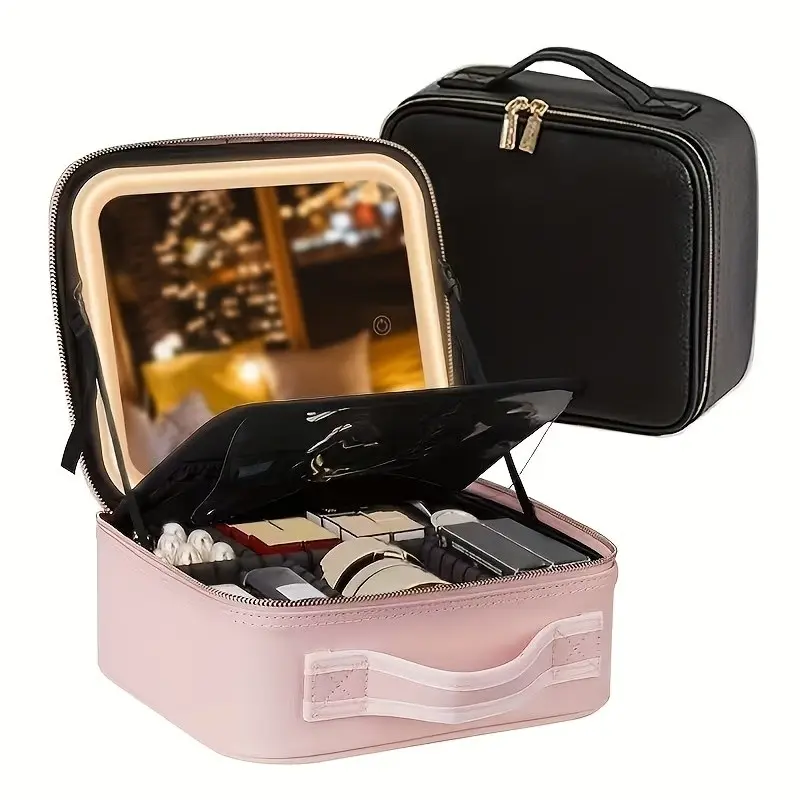 Travel Cosmetic Case with Mirror, Large Capacity Makeup Bag, Portable Cosmetic Storage Box, LED Light Mirror, Makeup Accessories, Travel Makeup Pouch, Cosmetic Travel Bags, Travel Essentials