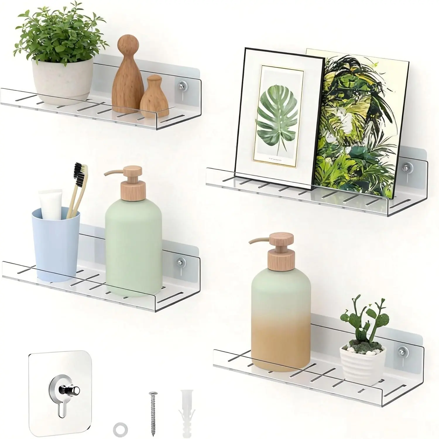4 Pack Floating Shelves – Clear / Wall-Mounted No Drill Storage with Adhesive, Invisible Bathroom & Bedroom Shelving for Kitchen, Living Room, Transparent Decor