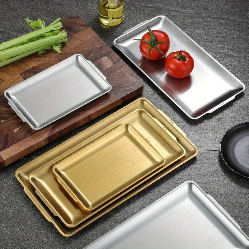 Thick Stainless Steel Rectangular Storage Tray, Ideal for Grilling, Vegetables, Sushi, Flat Bottom Trays, Durable Kitchen Organizer