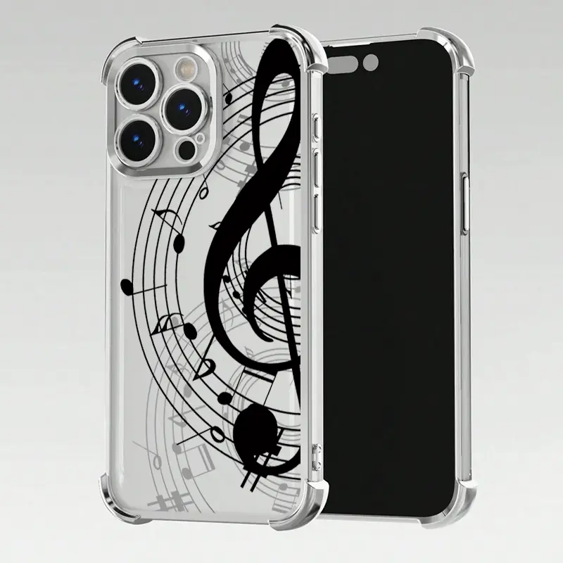 Black Treble Clef Music Note Print Electroplated Corner Shockproof TPU Clear Phone Case for iPhone 17/16/15/14/13/12/11 Pro Max Plus Air – Shockproof Clear TPU Aesthetic