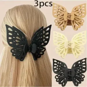 3Pcs Minimalist Retro Butterfly Flat Hair Pin Set, Black & Beige Durable Plastic Barrettes for Casual & Special Occasions