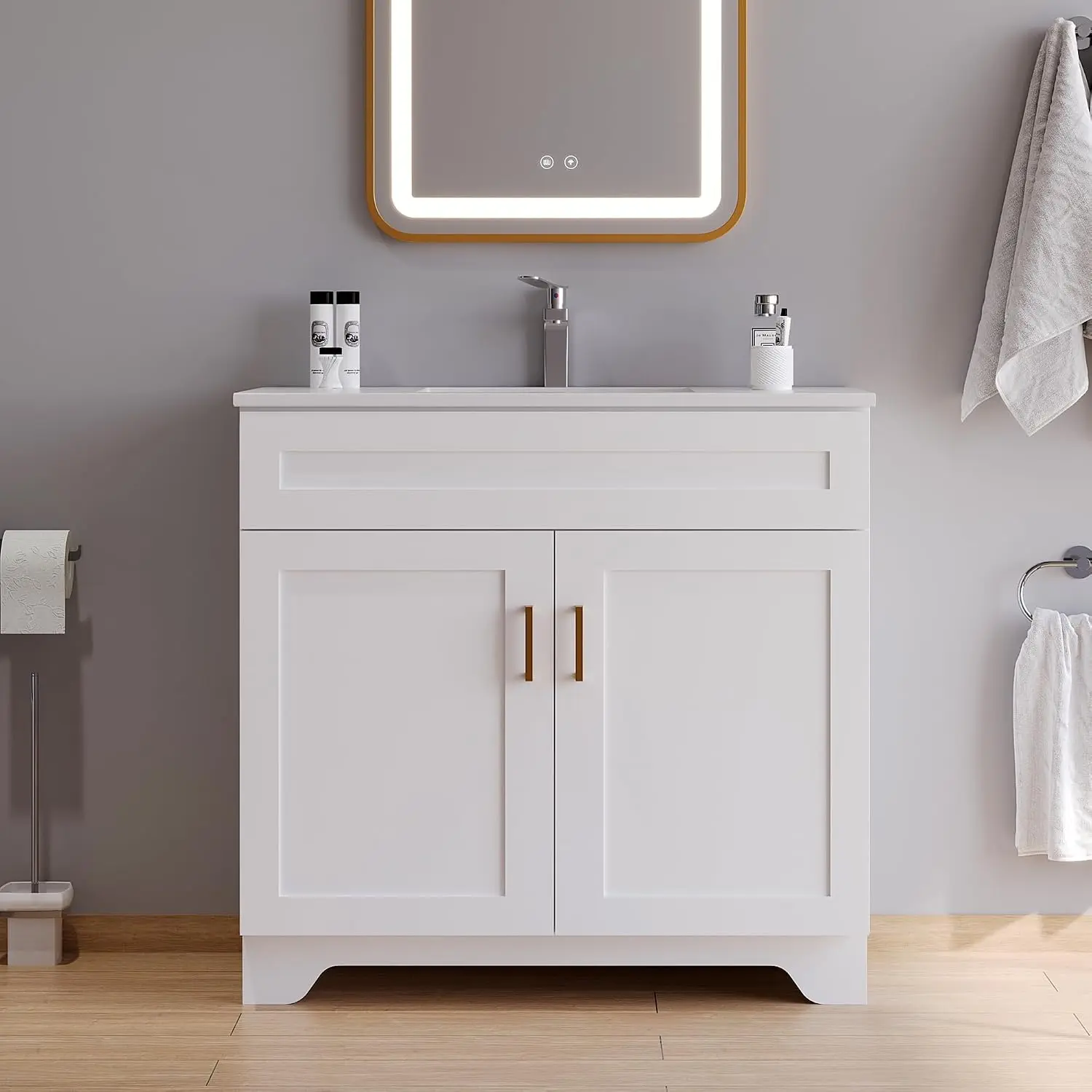 36 Inch Bathroom Vanity, Wooden Double Door Bathroom Storage Cabinet, Freestanding Cabinet Vanity Without Sink (White Without Sink, 36")