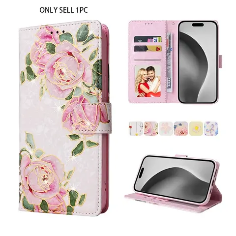 Floral Pattern Phone Case with Card Slot, PU Leather Flip Stand Phone Case, Phone Accessories for iPhone 11 12 13 14 15 16 17 18 Plus Pro Max, Cover