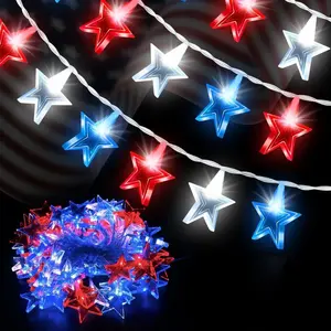 40 LED Patriotic Star String Lights, 16.4 feet long, red, white, and blue Independence Day string lights, with mini LED bulbs, waterproof and connectable, solar-powered, suitable for home, yard, garden, anniversary, and recreational use