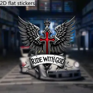 2D Flat Sticker, Bold PVC material featuring a winged cross and the phrase "Walk with God" suitable for vehicles, laptops, and walls, Self-adhesive and single use, Ideal for glass, metal, and ceramic surfaces Car Decals, Car Stickers