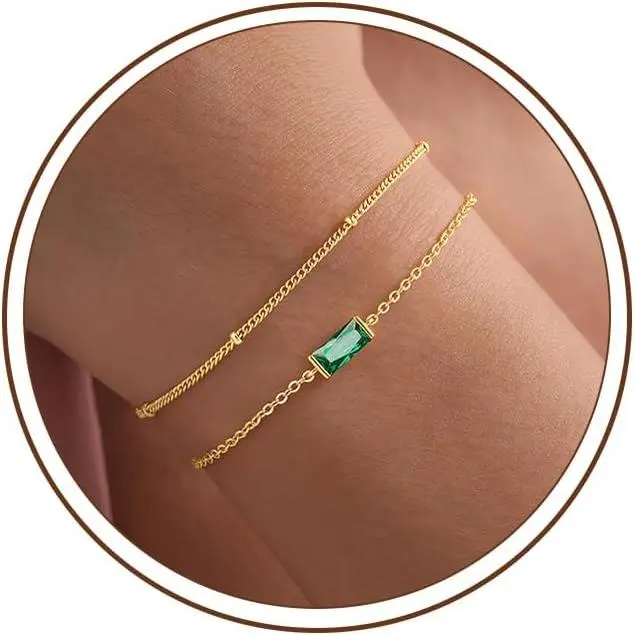 Birthstone Bracelets Jewelry Gifts for Women Teen Girls| Dainty 14K Gold Plated 2 Layered Created Birthstone Bracelets Stack Jewelry, Birthday Gifts for Women