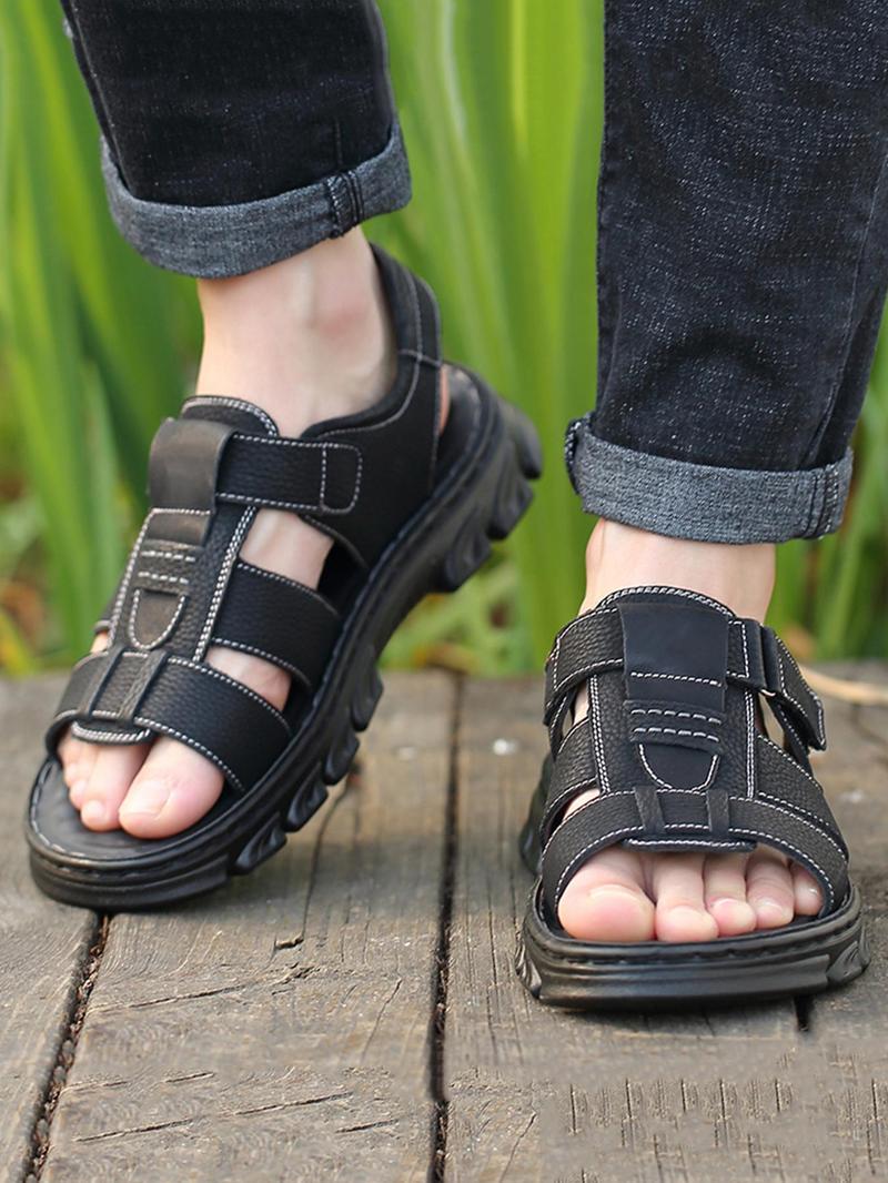 Men's Casual Plain Velcro Sandals, 2024 Fashionable Summer New Open Toe Sandals for Summer, Lightweight Breathable Comfortable Shoes for Daily Wear