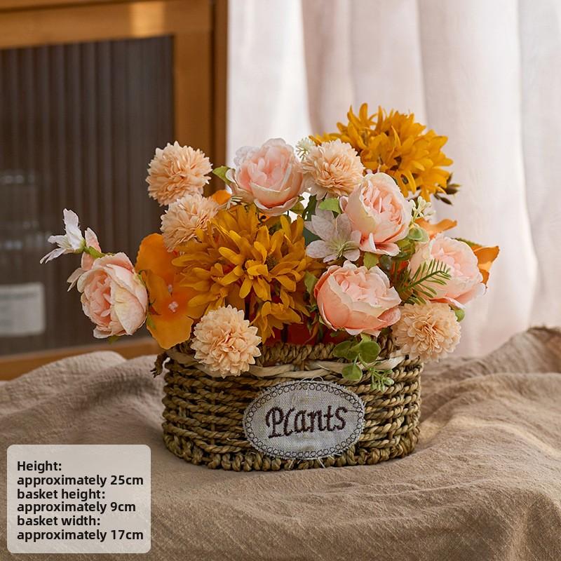 Elegant Rose  Flower Basket, Faux Floral Arrangement for Living Room & Dining Table Decor White Babys Breath Bouquet