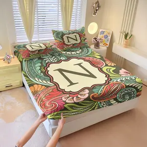 Letter N-Z Colorful Paisley Print 3‑Piece Fitted Sheet Set, No Filling Included, Machine Washable Stretch Bedding Sheets, Unique Boho Room Decor for City Studio, College Dorm, Shared Rental Flat