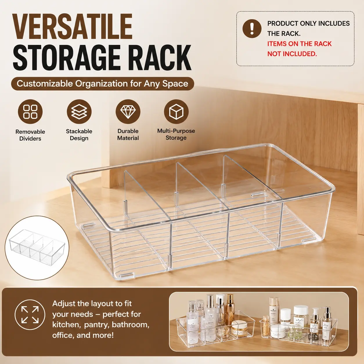 Transparent food storage box, detachable three-compartment snack storage bin, organizer for condiment packaging bags in kitchen cabinets, large-capacity plastic storage container, multi-functional kitchen storage rack