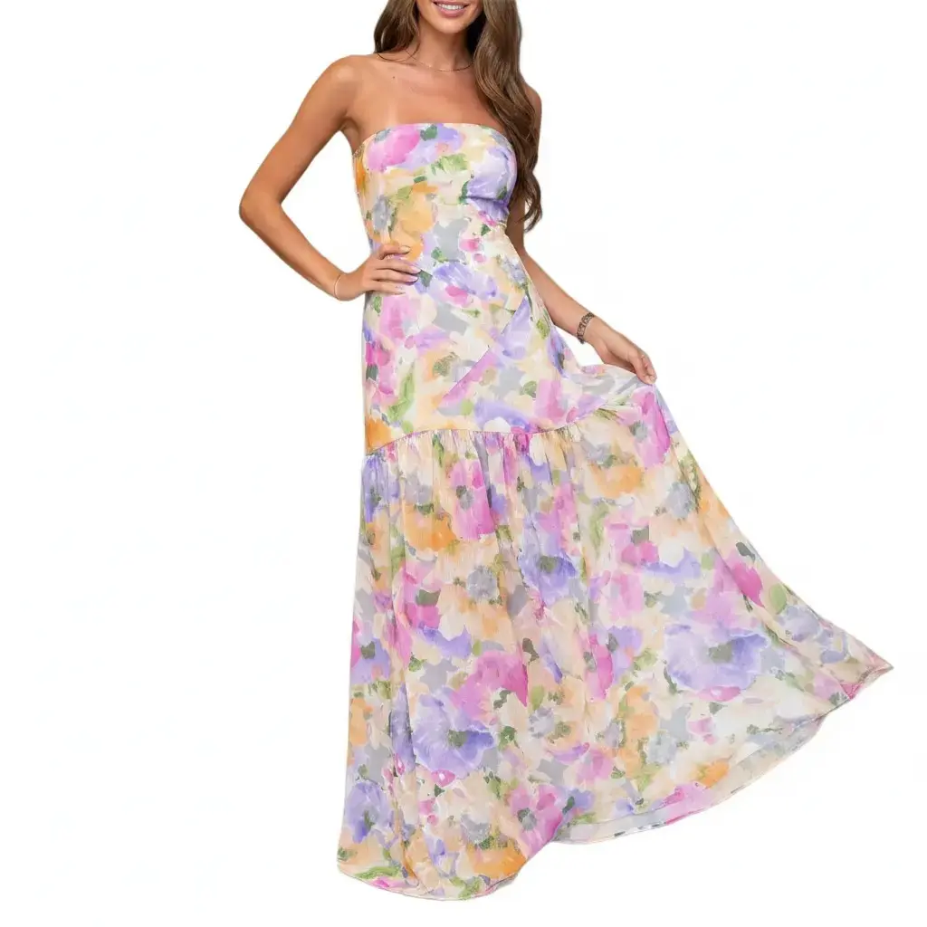 Women Casual Strapless Dress Summer Floral Print Backless A-Line Long Dress for Cocktail Party Beach Streetwear