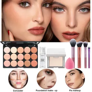 Professional Makeup Set, 15-Color Concealer Palette, Brightening Powder, Primer, Brushes, Water Drop Sponge, Natural Finish