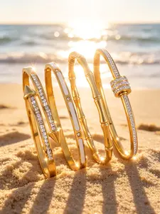 4-Piece Women's Stainless Steel Stackable Bracelet Set, Stackable Bangle Bracelets, With Bamboo Knot Shape And Splicing Design, Inlaid With Synthetic Zircon For Vacation Style Party Bracelets, Suitable For Daily Wear