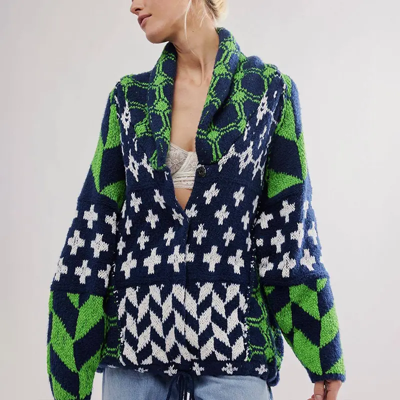 New Autumn/Winter Knitwear Y2K Abstract Print Turn-Down Collar Loose Long-Sleeve Knit Sweater for Women