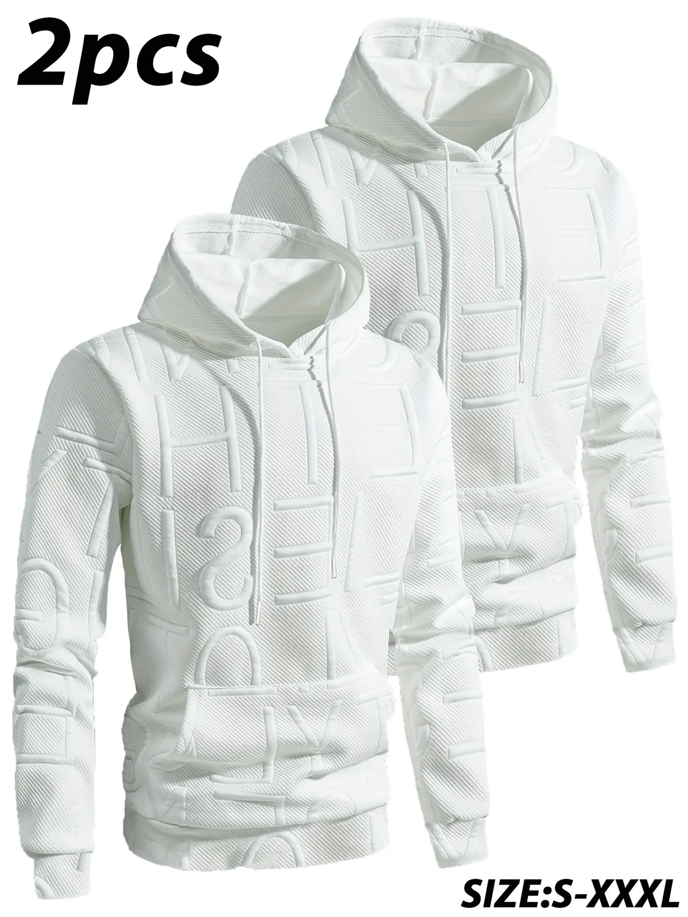 2-Pack Trendy Men 3D Raised Letter Hoodies, Stylish Jacquard Pullover, Loose Fit with Kangaroo Pocket, Ideal for Daily Wear, S-Xxxl