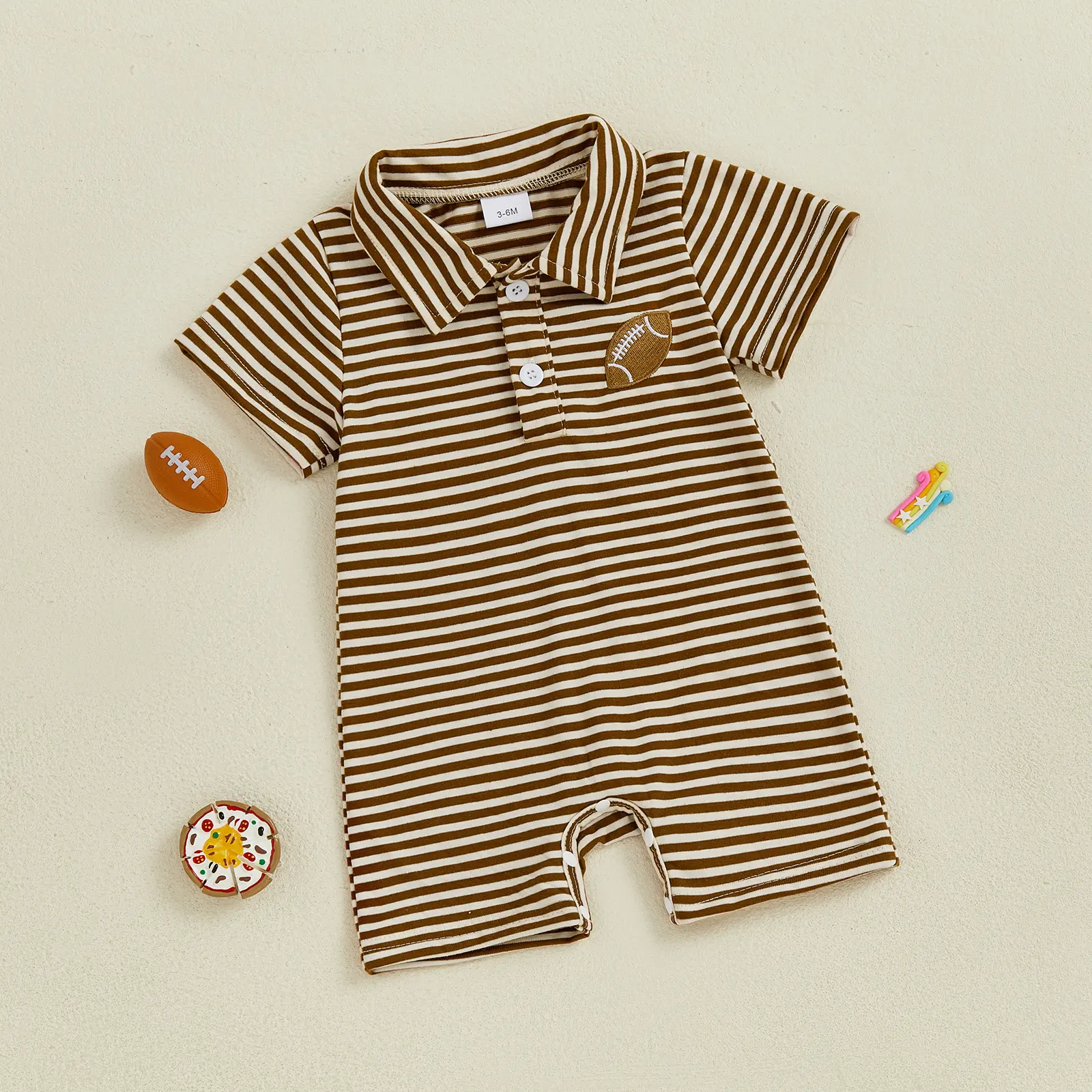 FOCUSNORM Newborn Baby Boys Brown Stripe Polo Collar Football Embroidery Short Sleeve Romper Summer Clothes 0-18M