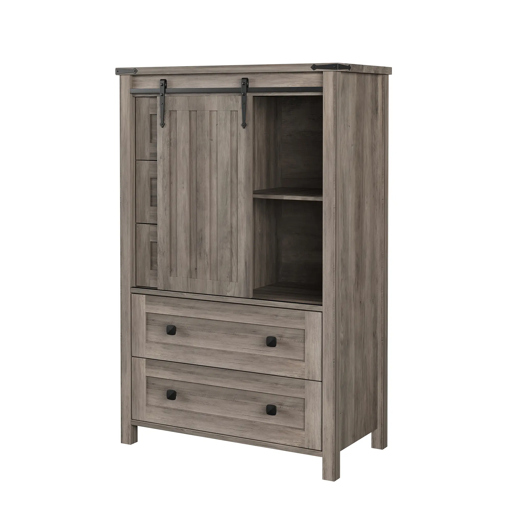 Farmhouse 5-Drawer Entryway Storage Cabinet, Tall Wooden Dresser with Sliding Barn Door & Adjustable Shelf – Space-Saving Organizer for Bedroom, Hallway, Living Room – Walnut / Teak / White / Gray