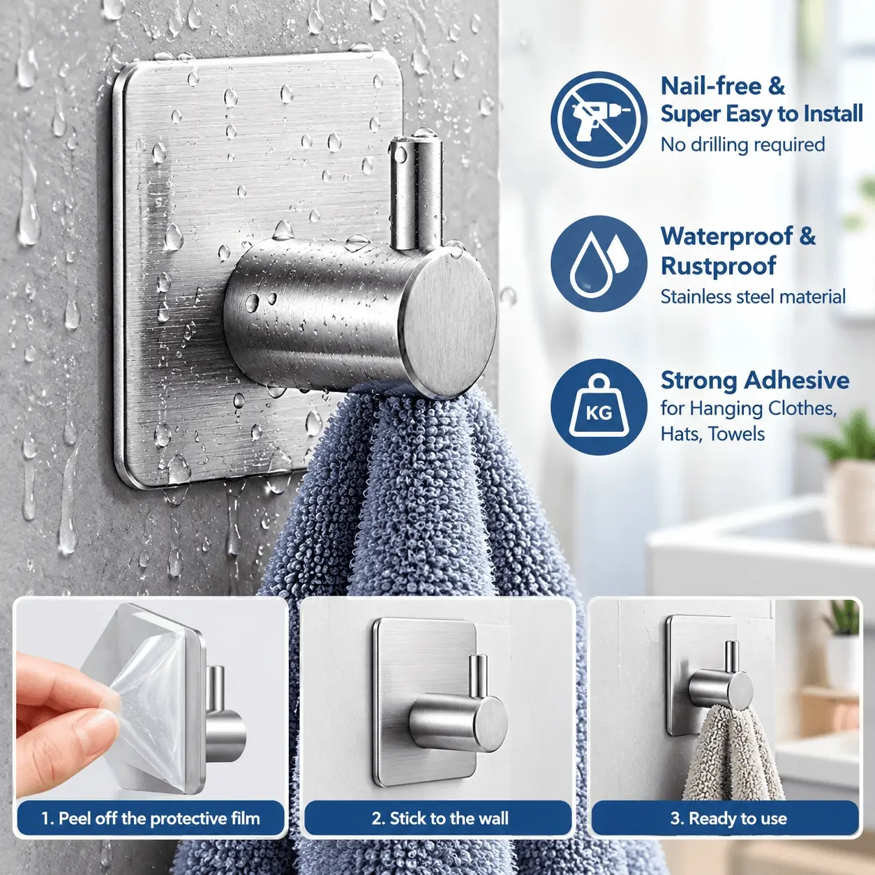 One-Piece Heavy Duty Utility Hook, Designed for Hanging Household Items, Stainless Steel Multipurpose Hook, 4.5 X 4.5cm