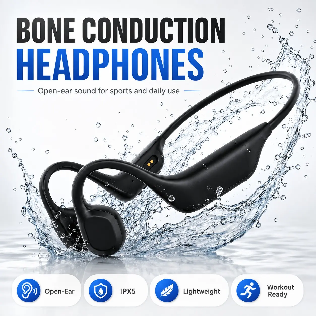 Bone Conduction Sports Headphones for Running Cycling, Open-Ear Bluetooth Headset with Mic, Stable Fit, Hands-Free Calls and IPX5 Protection