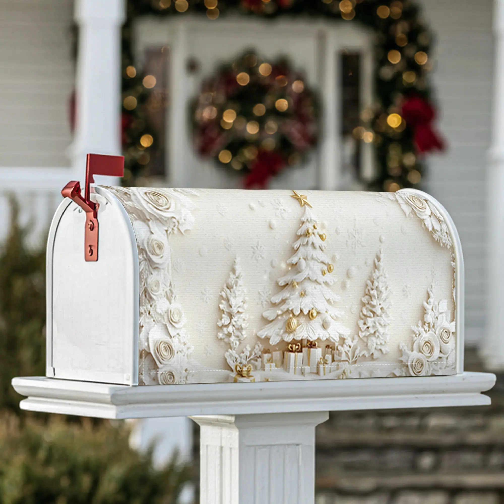 Christmas tree Magnetic Mailbox Covers, festive elegant snowflakes golden ornaments Christmas white Mailbox Decorations for Garden Patio Decor