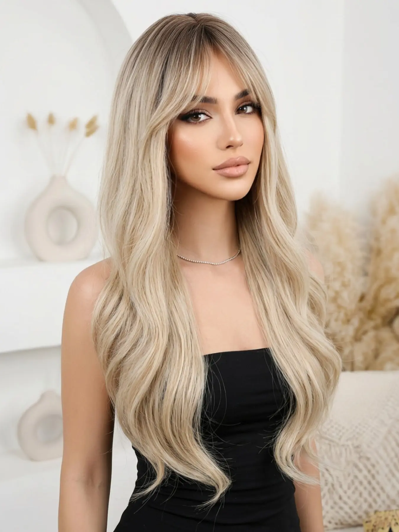 22" Long Wavy Ash Blonde Wig for Women - Ombre Dark Roots to Creamy Blonde Synthetic Wig with Curtain Bangs, Natural Look Layered Wavy Hair Heat Resistant Fiber Glueless Wig