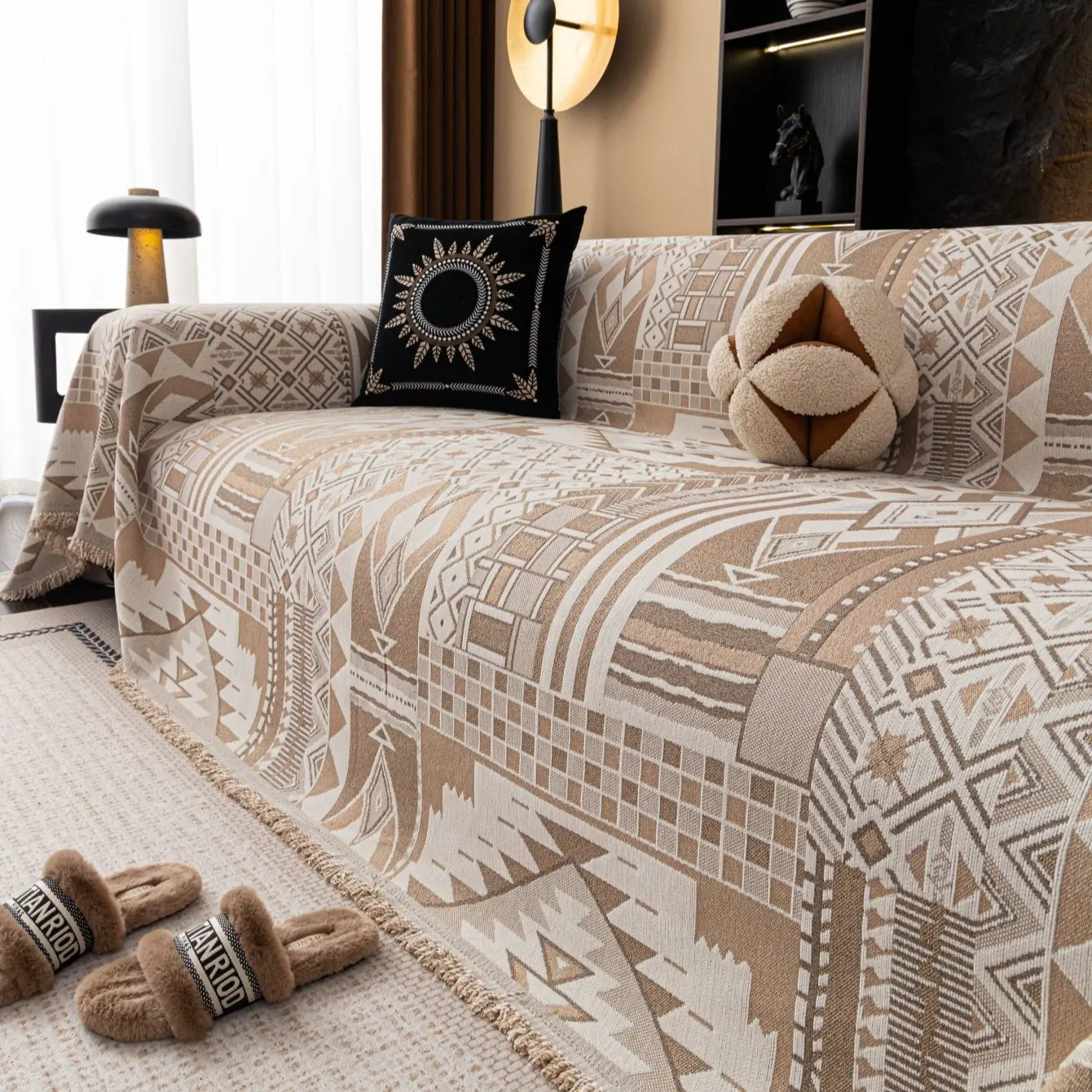 Boho Geometric Sofa Cushion Cover, Reusable All-Season Furniture Protector, Pet-Friendly Scratch Guard, Ideal for Living Room & Bedroom