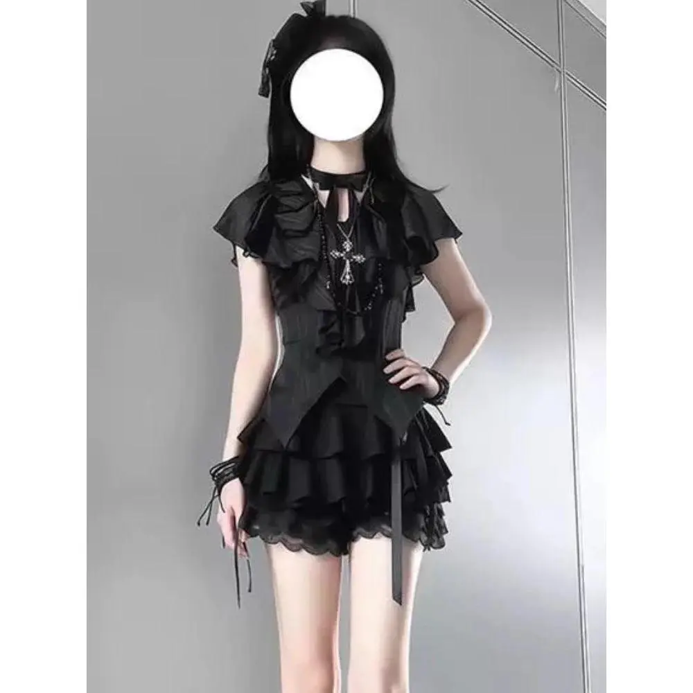 Women's 2-Piece Black Set - American Gothic Subculture Retro Patchwork Shirt Top, Short Skirt, Dark Academia Vintage 2025 Summer Outfit (DIY Specialty Supply)