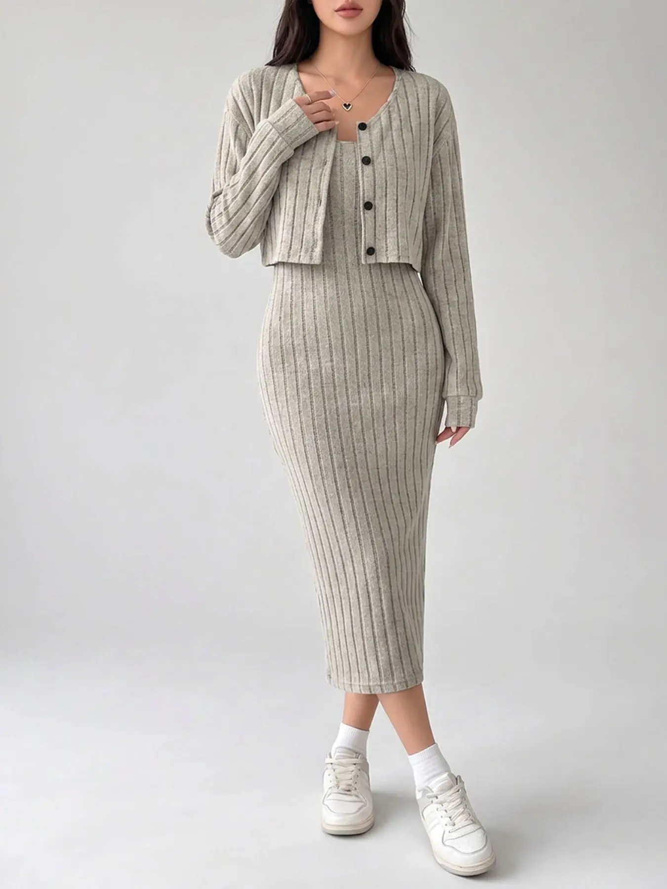 Women's Knit Halter Dress + Button Cardigan Set, Vertical Stitch Knit for Soft Texture, Slim Fit Halter Dress, Short Cardigan for Various Occasions