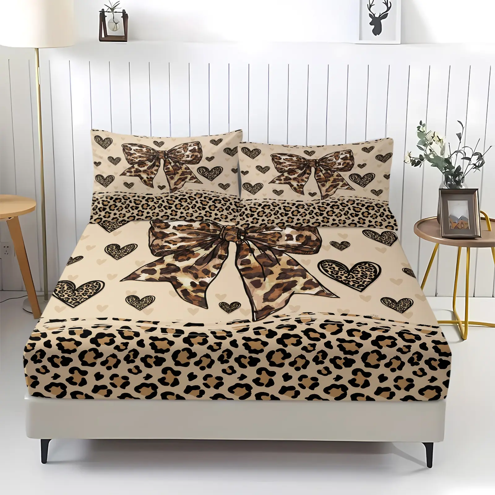 Trendy Y2K Patchwork Leopard Bow Print Fitted Sheet Set, 1 Fitted Sheet & 2 Pillowcase, Cream Y2K Girly Bedding All Size, Print Cheetah Ribbon Heart Bed Set, Soft Elastic Mattress Cover, Y2K Coquette Bedroom Decor, Teen Girl Gift
