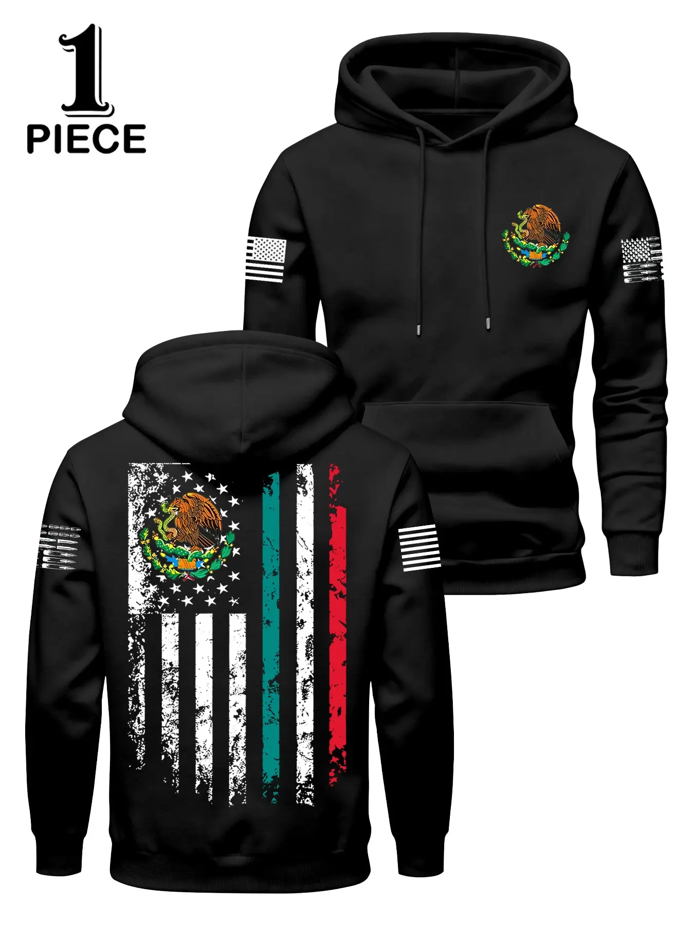 Men's Fall Winter Fleece Hoodie, Usa Mexico Flag Patchwork, Loose Fit Long Sleeve, Casual Streetwear, Perfect for Daily Wear & Outdoor Activities