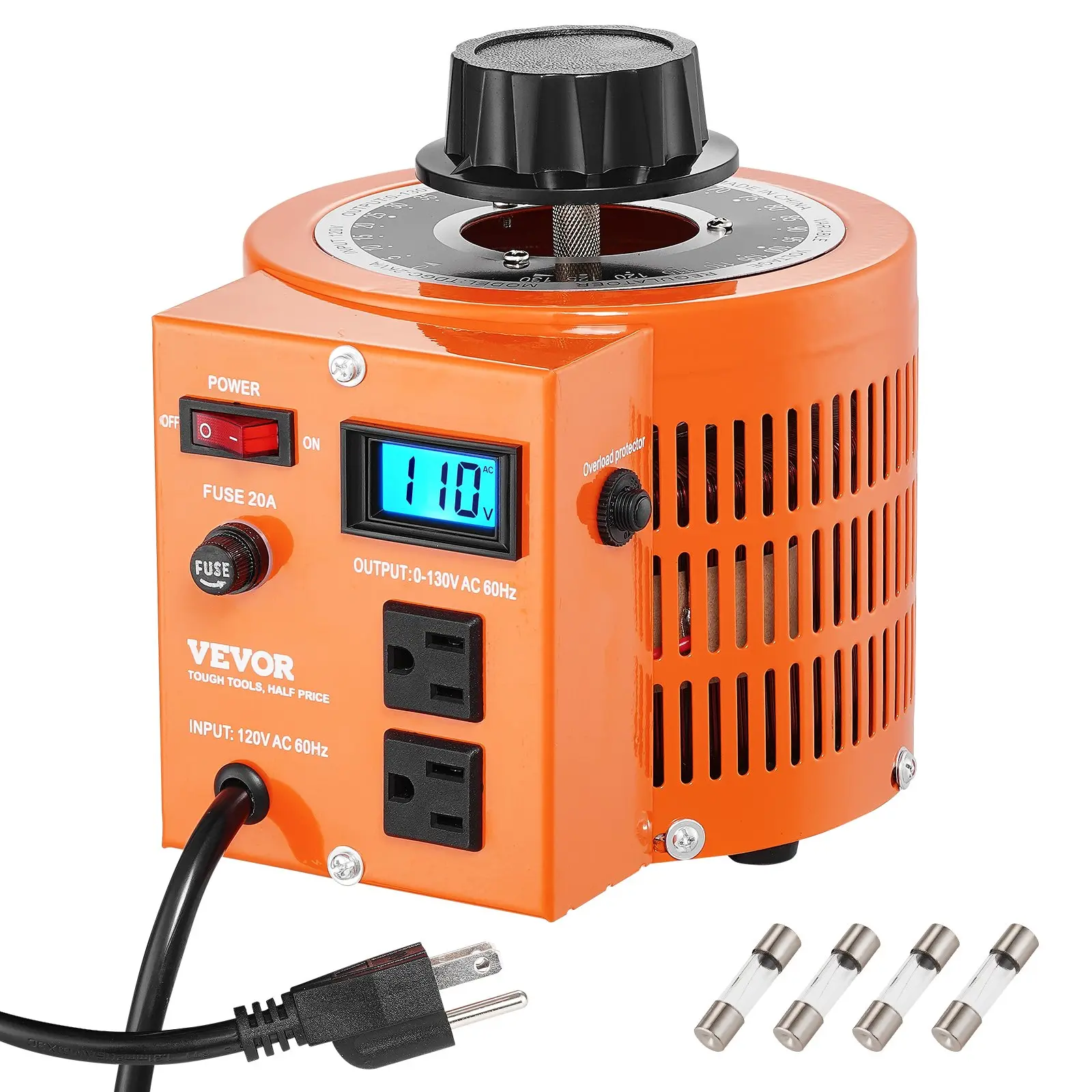 VEVOR 2000VA Auto Variable Voltage Transformer, 15.3A Copper Coils AC Regulator with Voltage Control, 110V Input 0-130V Output, LCD Display, Fuse (4 Extra Fuses), Thermal Switch, for Indoor/Office Use
