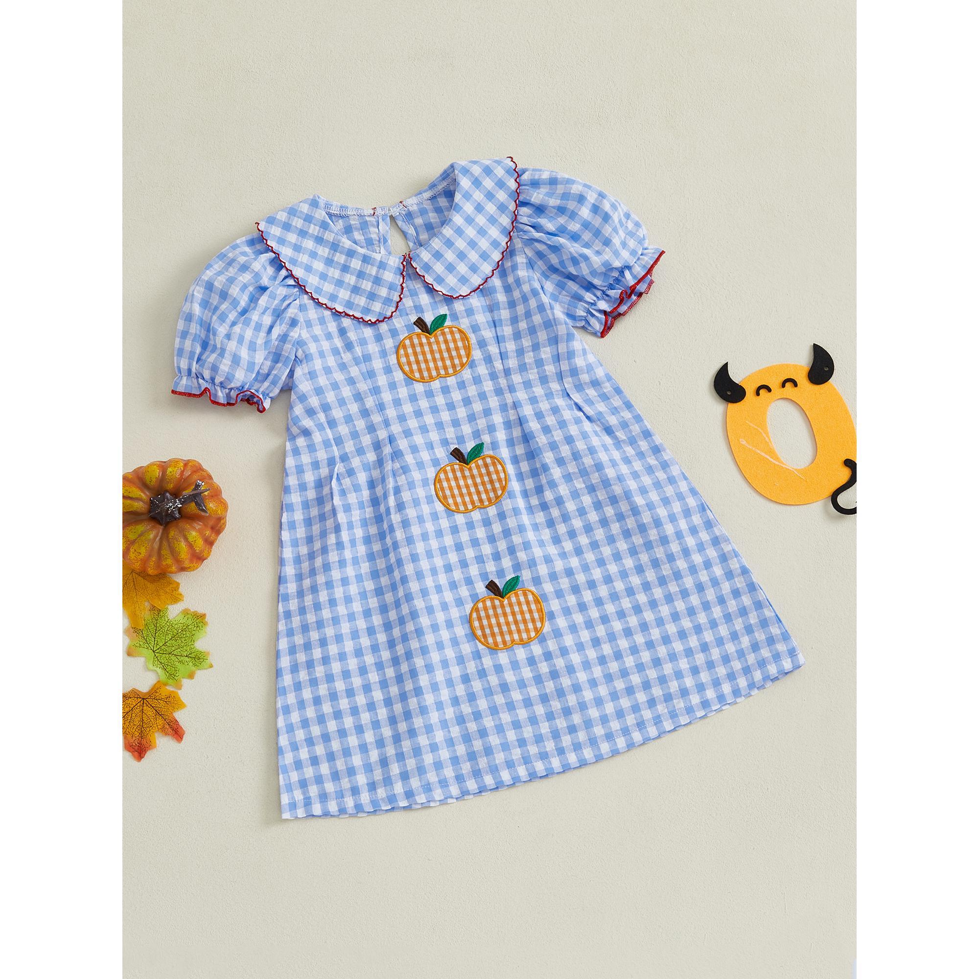Toddler Baby Little Girl Halloween Plaid Dress Puff Short Sleeve Pumpkin Embroidery Dresses Fall Outfit 2-6 Years