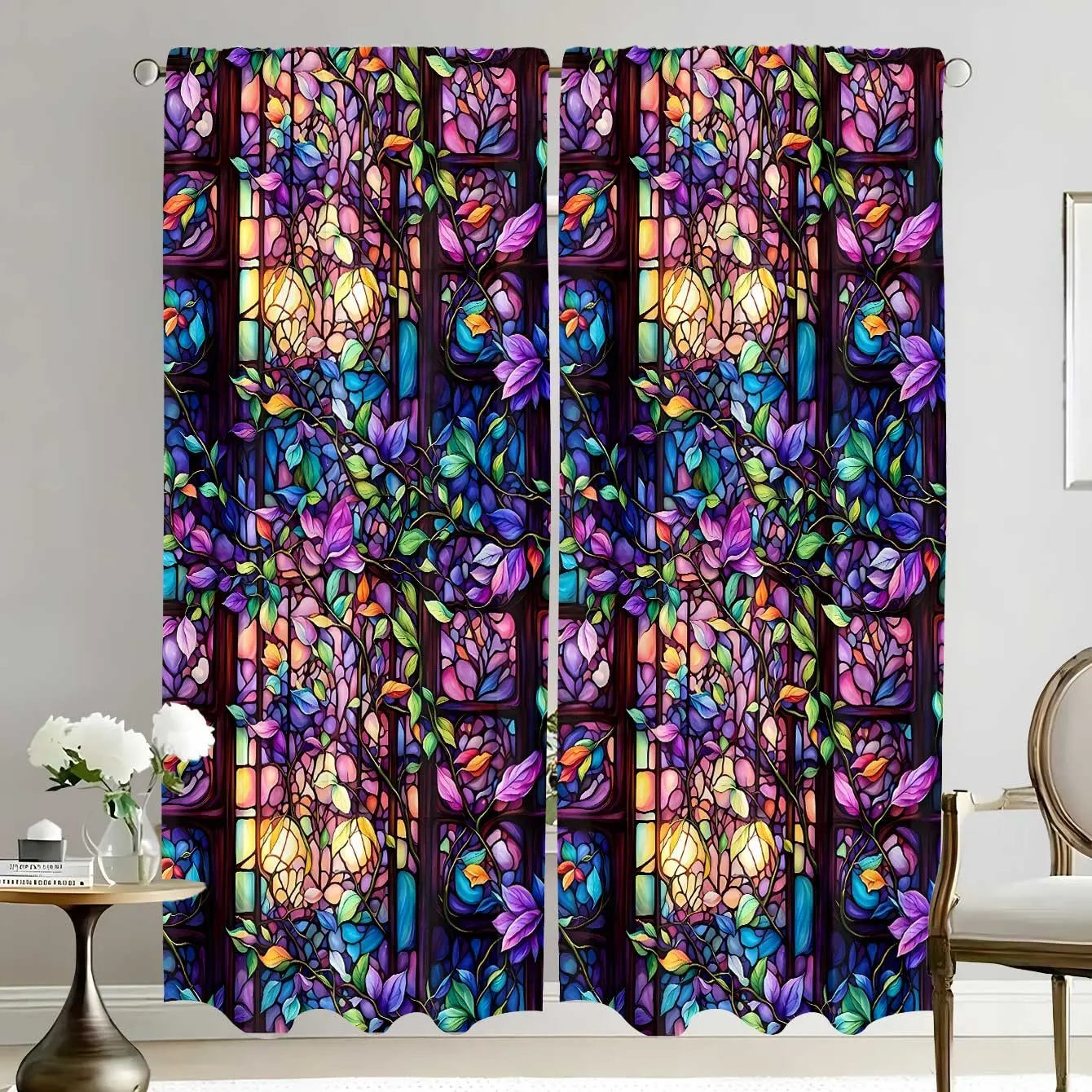 2 pieces of high-definition digital retro painted glass vine and flower art print curtains. They offer semi-transparent protection for privacy, are resistant to fading, easy to clean, and are suitable for bedroom and living room home decoration.