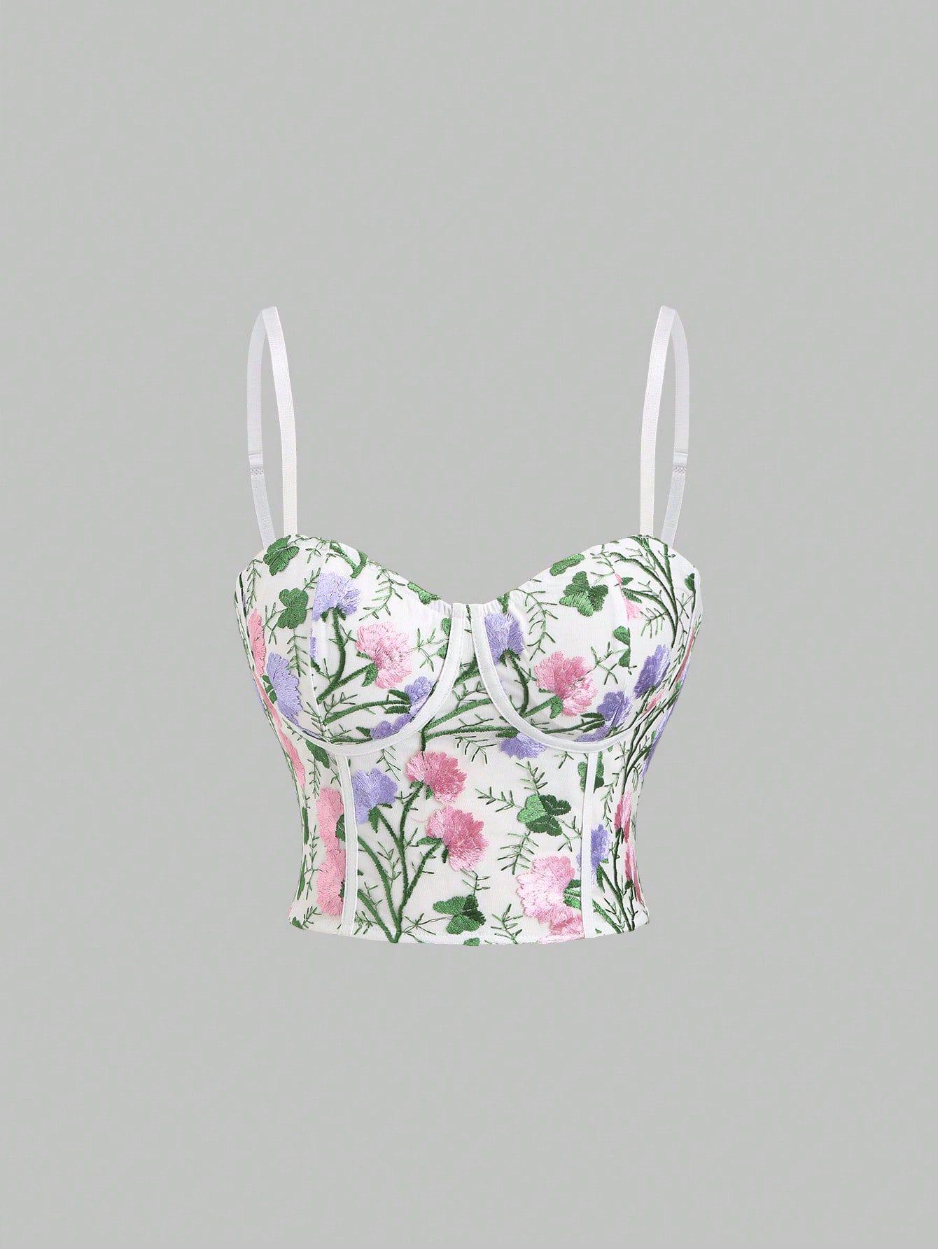 Floral Embroidery Bustier Top - Romantic Cottagecore Corset Top for Summer,Floral Mesh Corset Bustier with Delicate Embroidery