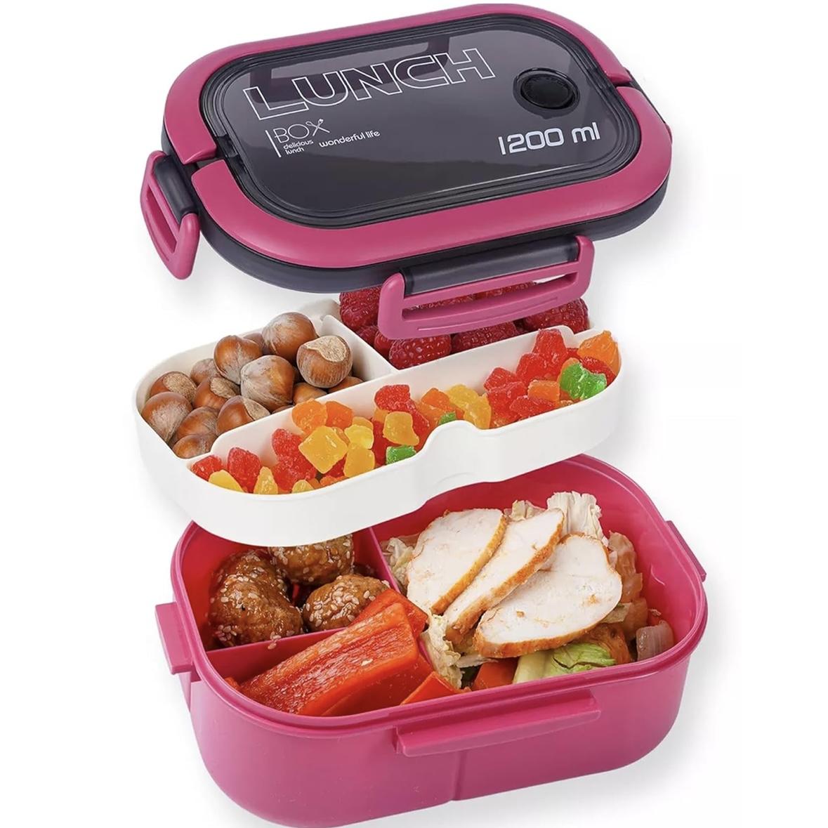 Double Layer Lunch Box with Compartments, Microwave Safe Reusable Plastic Food Container Set, Durable & Dishwasher Friendly, Ideal for School Work Use