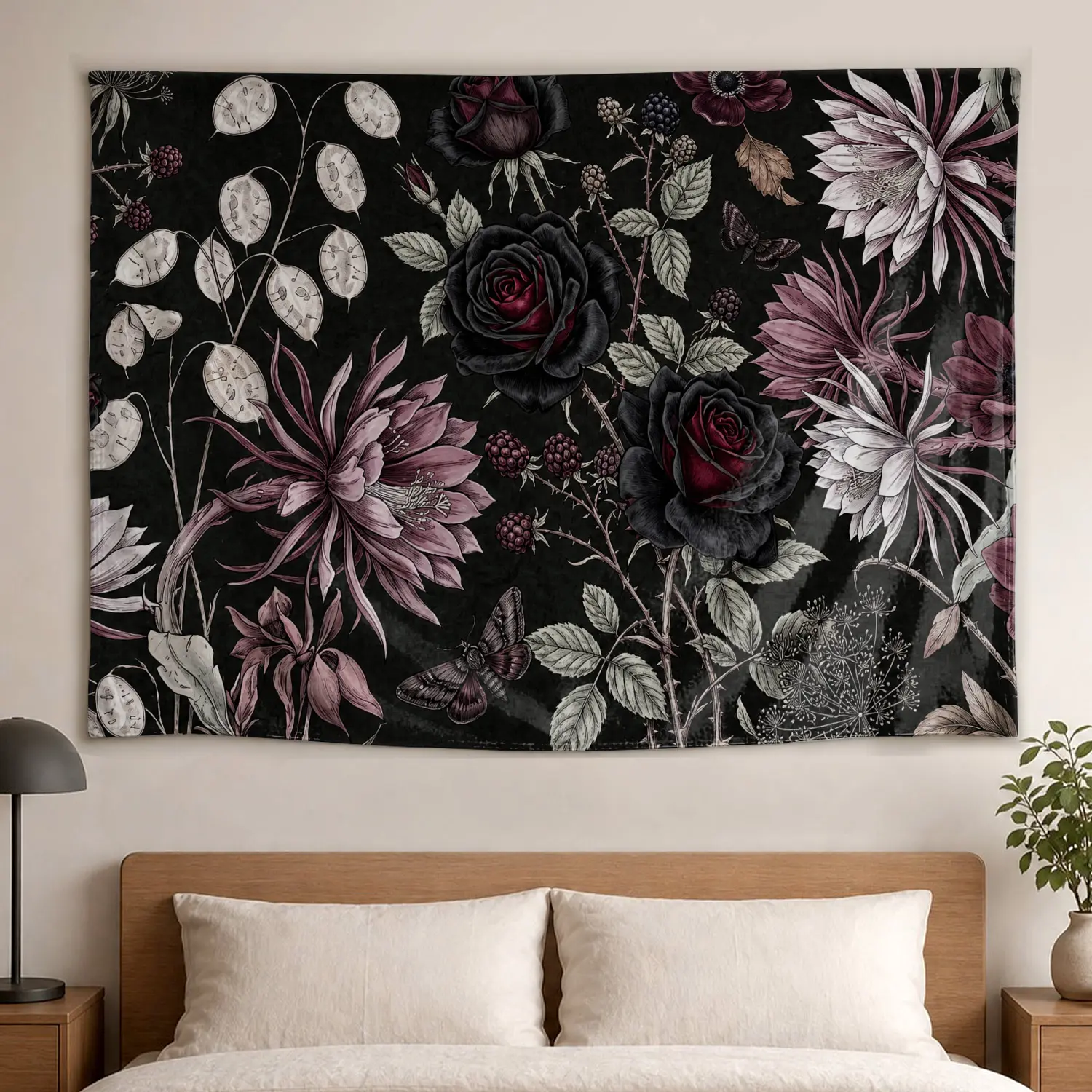 Gothic Black Rose Floral Botanical Art Tapestry - Large Printed Horizontal Polyester Wall Hanging, Colorfast Decor Artwork with Flowers, No-Installation Room Decor for Bedroom, Living Room, Gift for Loved Ones, Floral Gothic