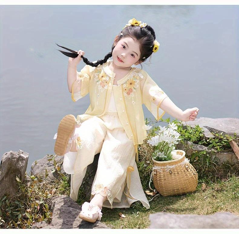 NewXingkui Girls' Outfit New Chinese Hanfu 2025 Summer Latest Super Cute Tang Dress Fashionable Summer Attire for Back to School, Chinese Size, Please Check The Size Guide Carefully