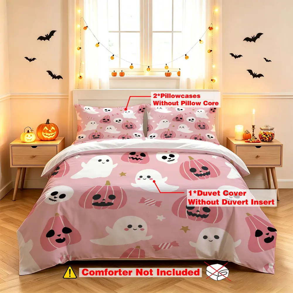 Pink Ghost & Pumpkin Halloween 3-Piece Bedding Set | 1 Duvet Cover + 2 Pillowcases Without Inserts, Festive Decor for Hotel Bedroom & Dorm