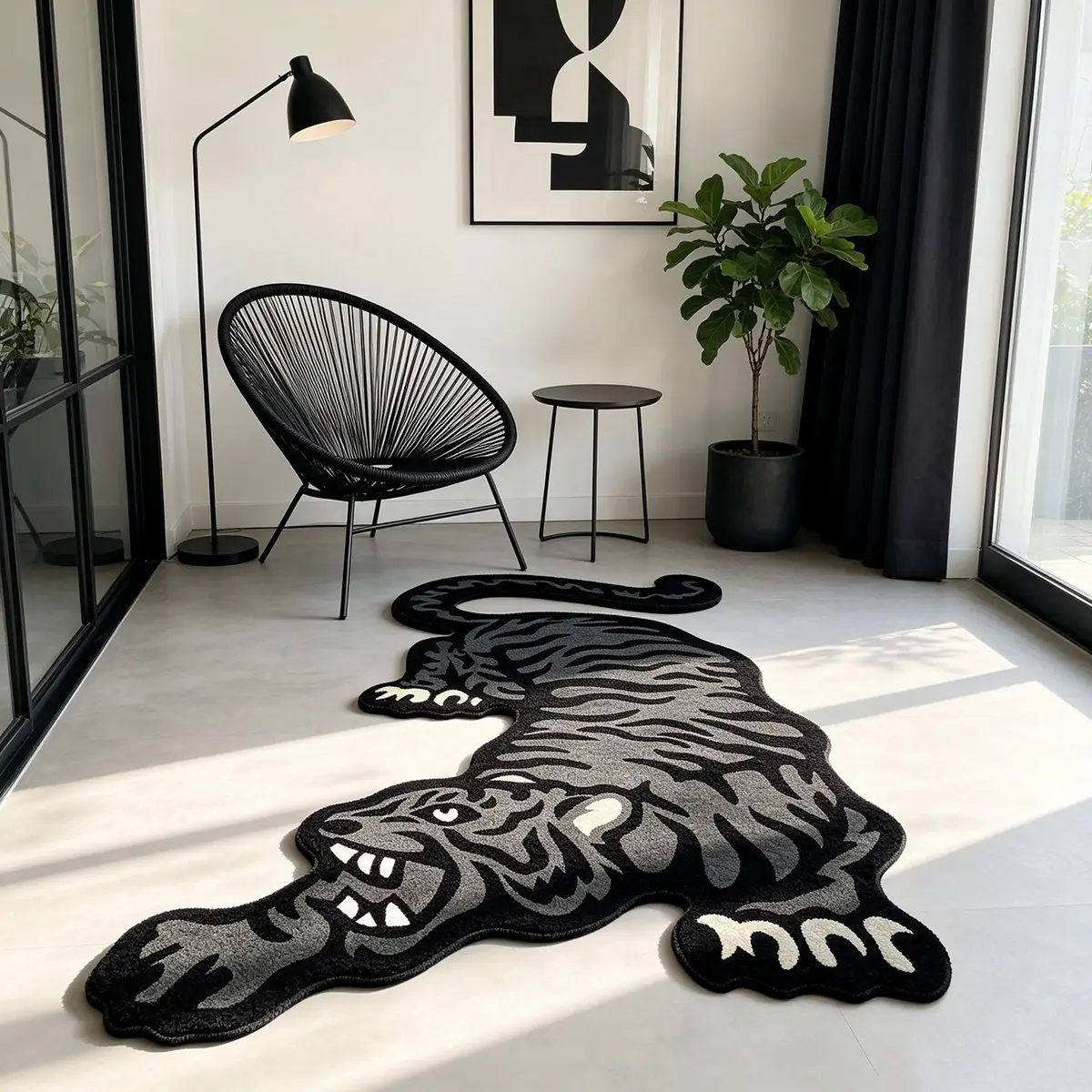 1PC Cool Crouching Tiger Shaped Rug, Black & Grey Vintage Tattoo Style Tiger Print Carpet, Thin Flannel Floor Mat for Living Room, Bedroom, Study & Gaming Room, Retro Streetwear Trendy Home Decor