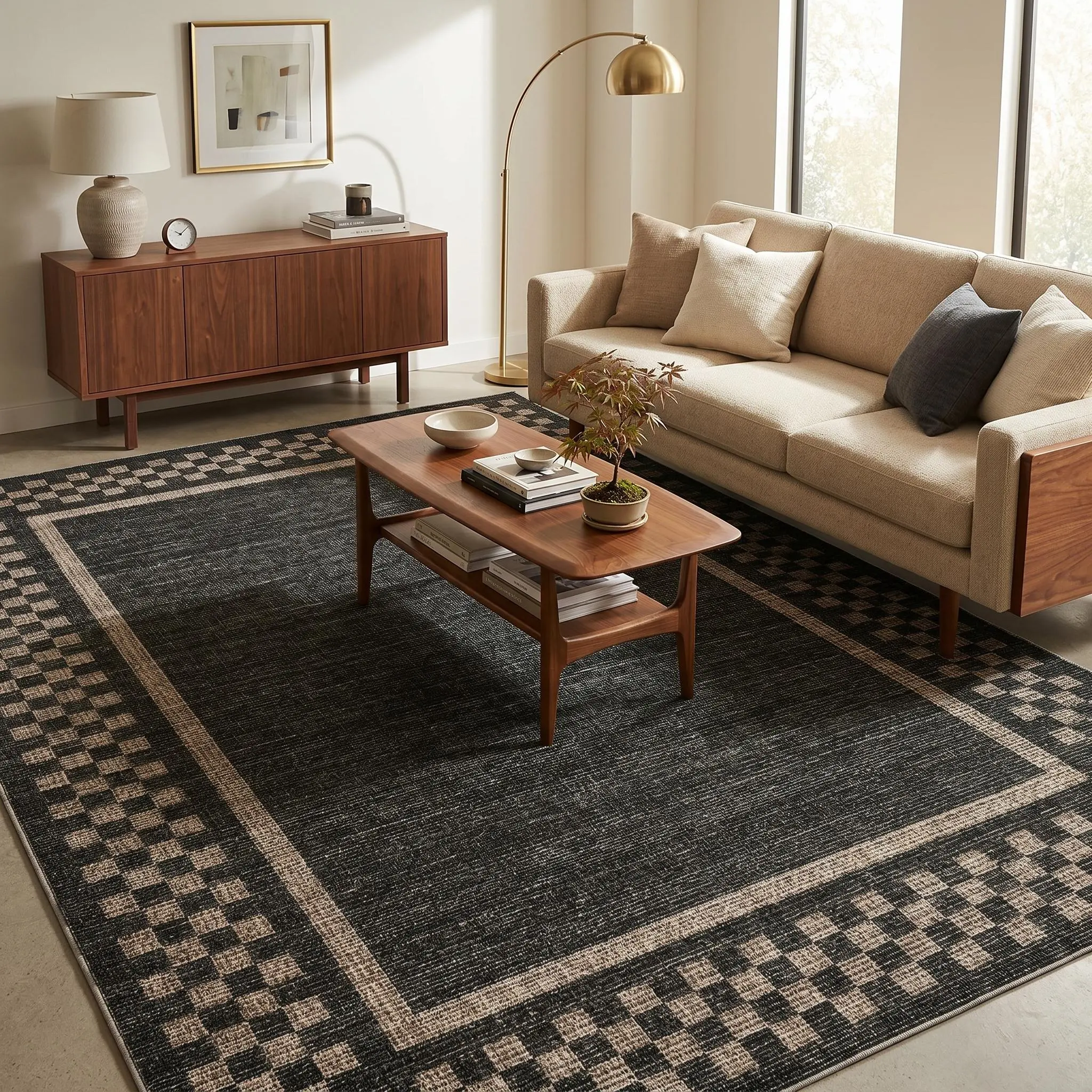 Neutral Checkered Border Minimalist Textured Area Rug ThinLow Pile Non Slip TPR Backing Washable Soft Wear Resistant Pet Friendly Indoor Floor Carpet Mat for Living Room Bedroom Kitchen Hallway Office Farmhouse Apartment Playroom Entryway Home Decor