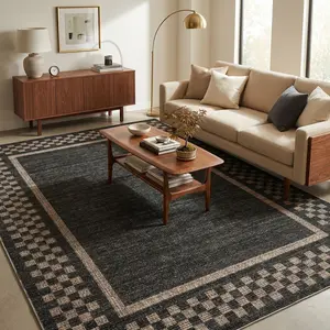 Neutral Checkered Border Minimalist Textured Area Rug ThinLow Pile Non Slip TPR Backing Washable Soft Wear Resistant Pet Friendly Indoor Floor Carpet Mat for Living Room Bedroom Kitchen Hallway Office Farmhouse Apartment Playroom Entryway Home Decor