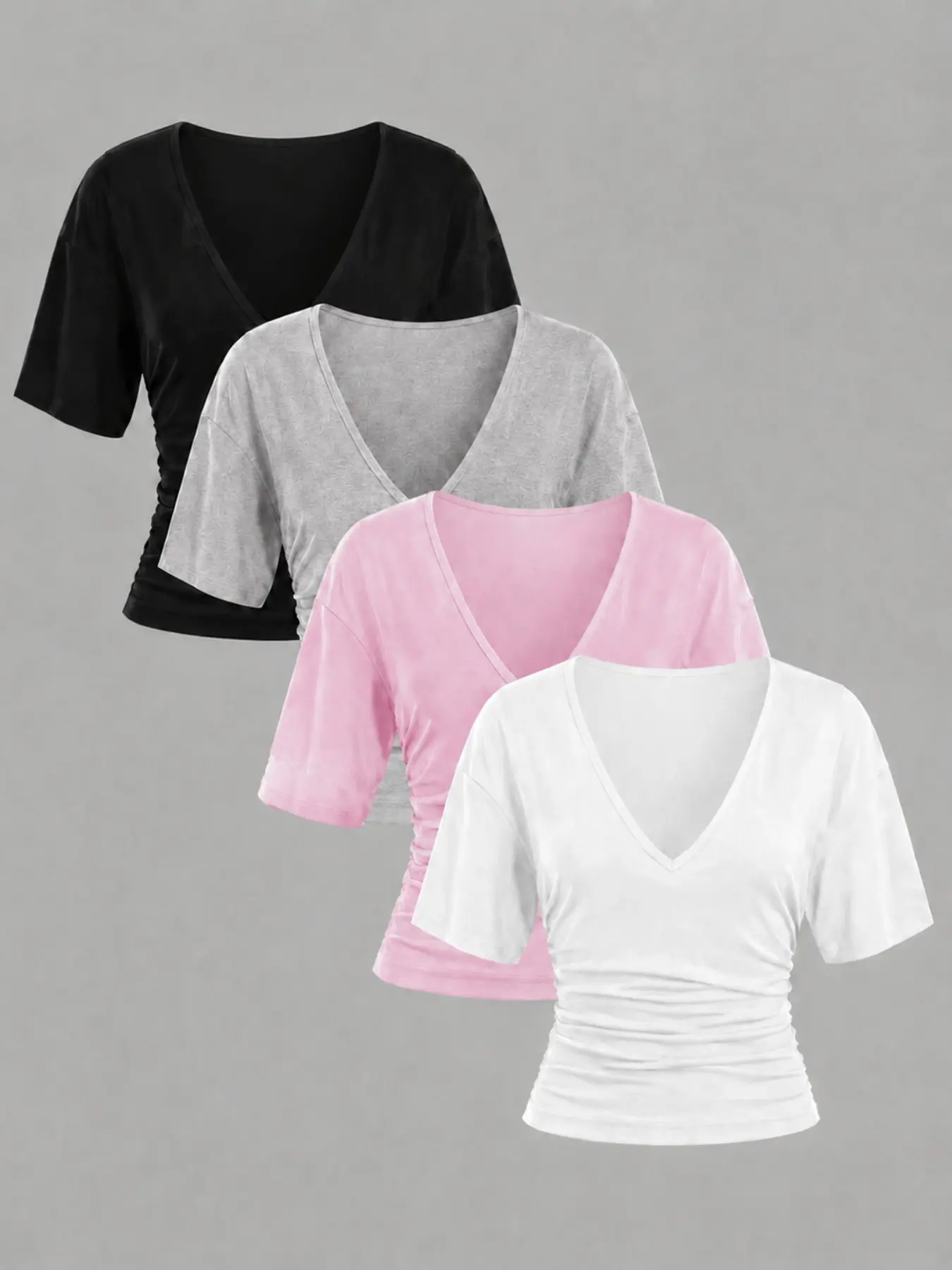 4 Piece Set Women's Summer Cute Casual Deep V-Neck Short Sleeve T-Shirts, Basic Side Pleated Short Top, Fashionable Daily Wear, Casual Everyday Tops