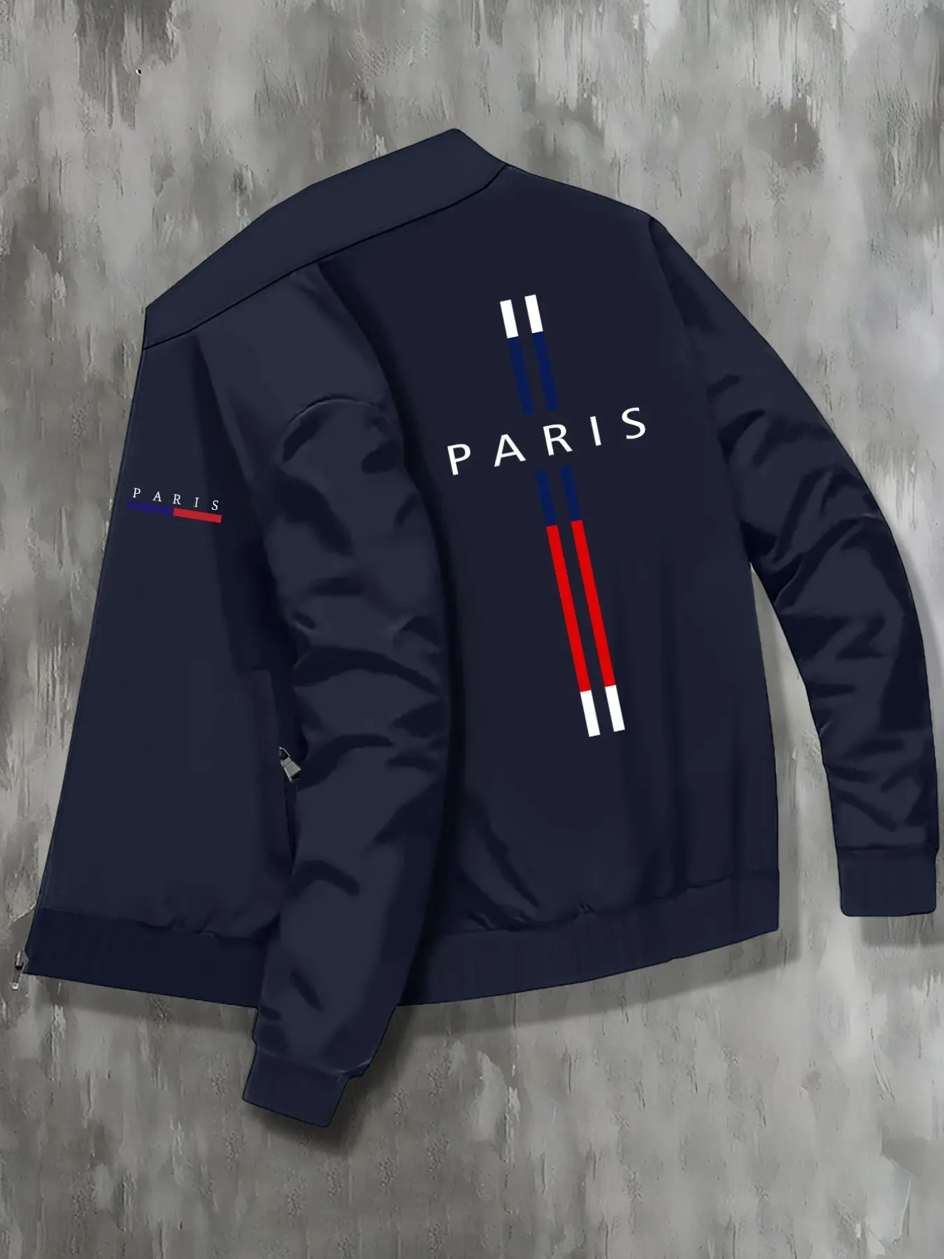 Men's Stand Collar Sport Jacket, Paris Letter Line Print Casual Zipper Outerwear, Trendy Loose Fit Fall & Winter Fashion