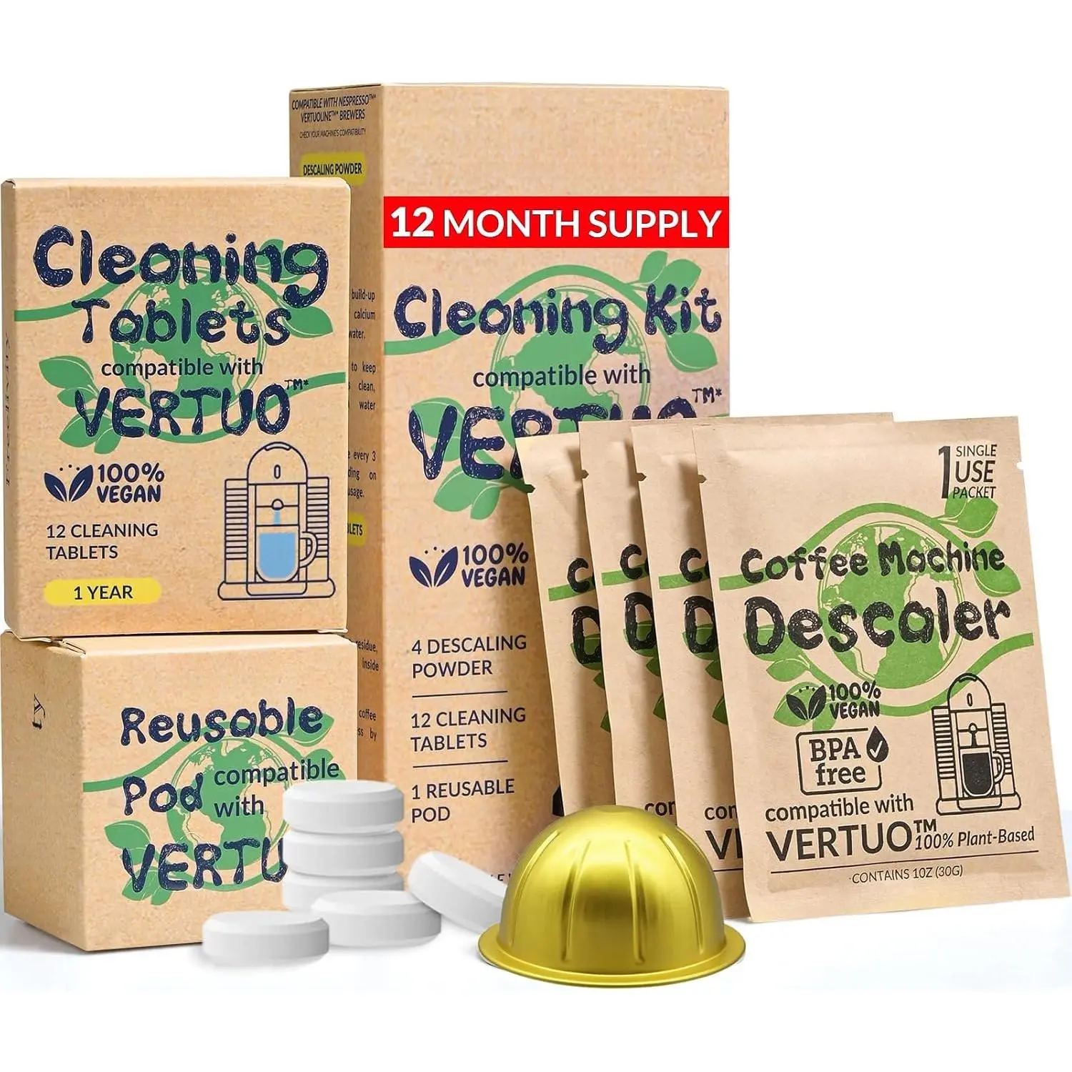 Compatible Vertuo Cleaning & Descaling Kit – 12 Month  - Includes 4 Descaling  Solution, 12 Cleaning Tablets, 1  Pod,  Vertuoline Maintenance Kit